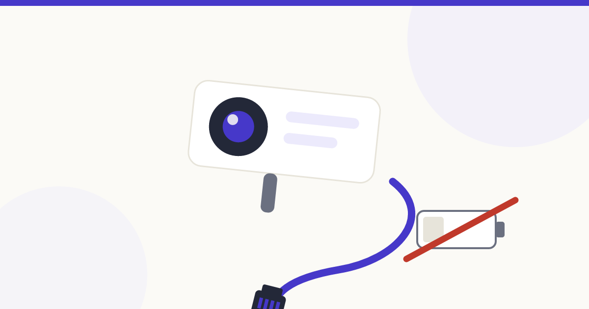 Illustration: PoE-overvågningskamera med netværkskabel og overstreget batteri